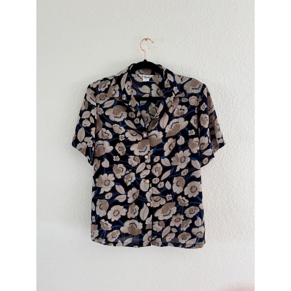 Dindin Floral Blouse Women XL Black Tan Short Sleeve Vintage Button Up